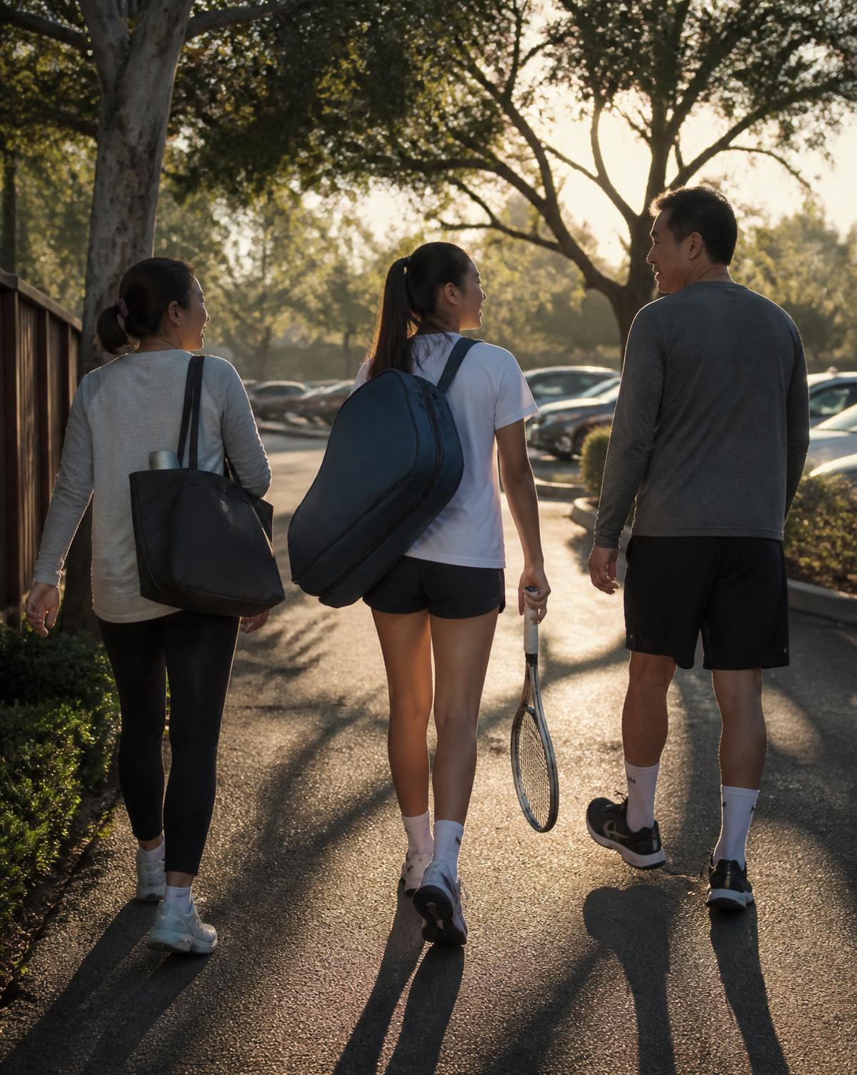 An Asian family walking together toward the parking lot after tennis practice at golden hour