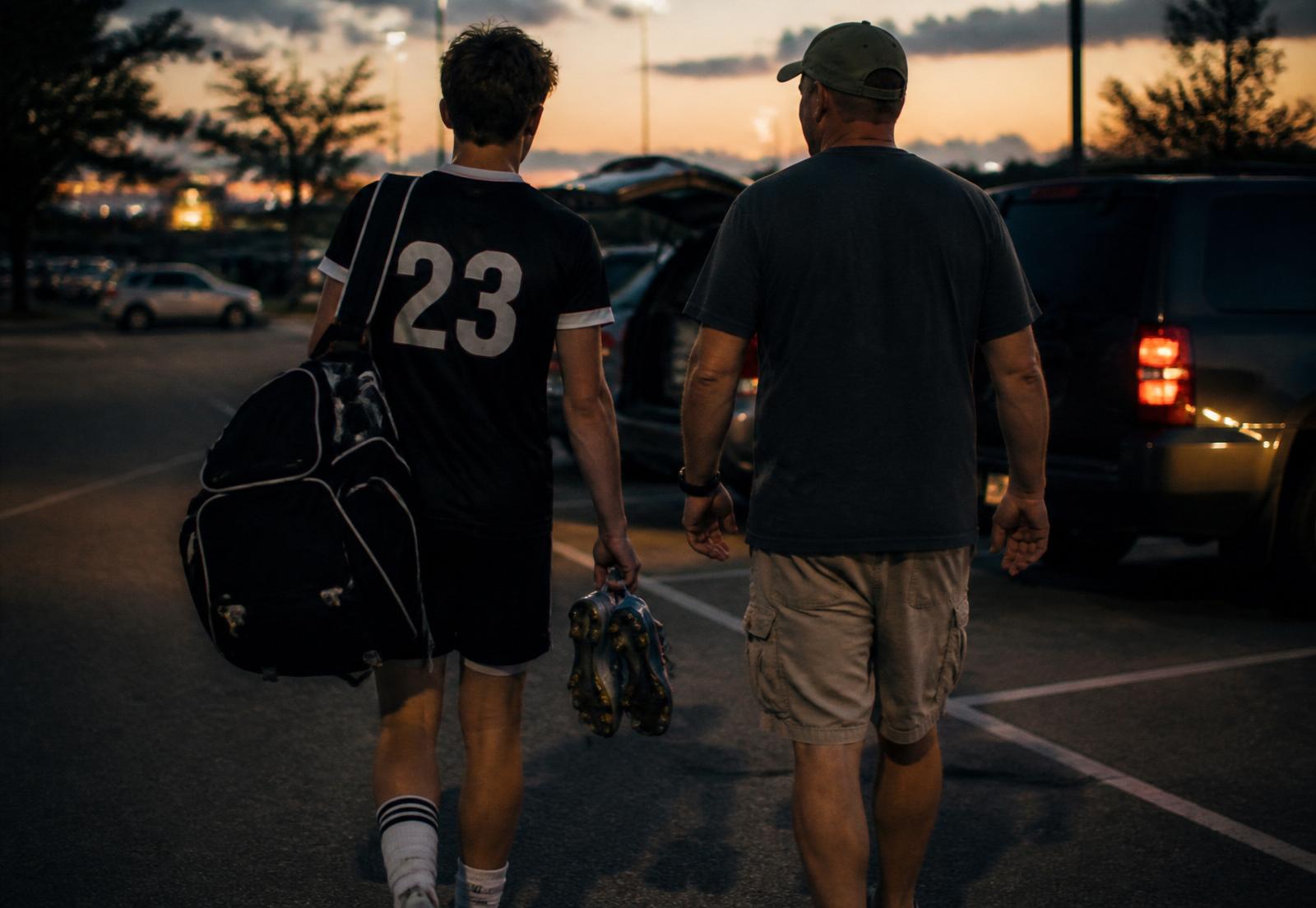 A parent and teenage athlete walking together toward a parked car at dusk after a tournament, equipment in hand