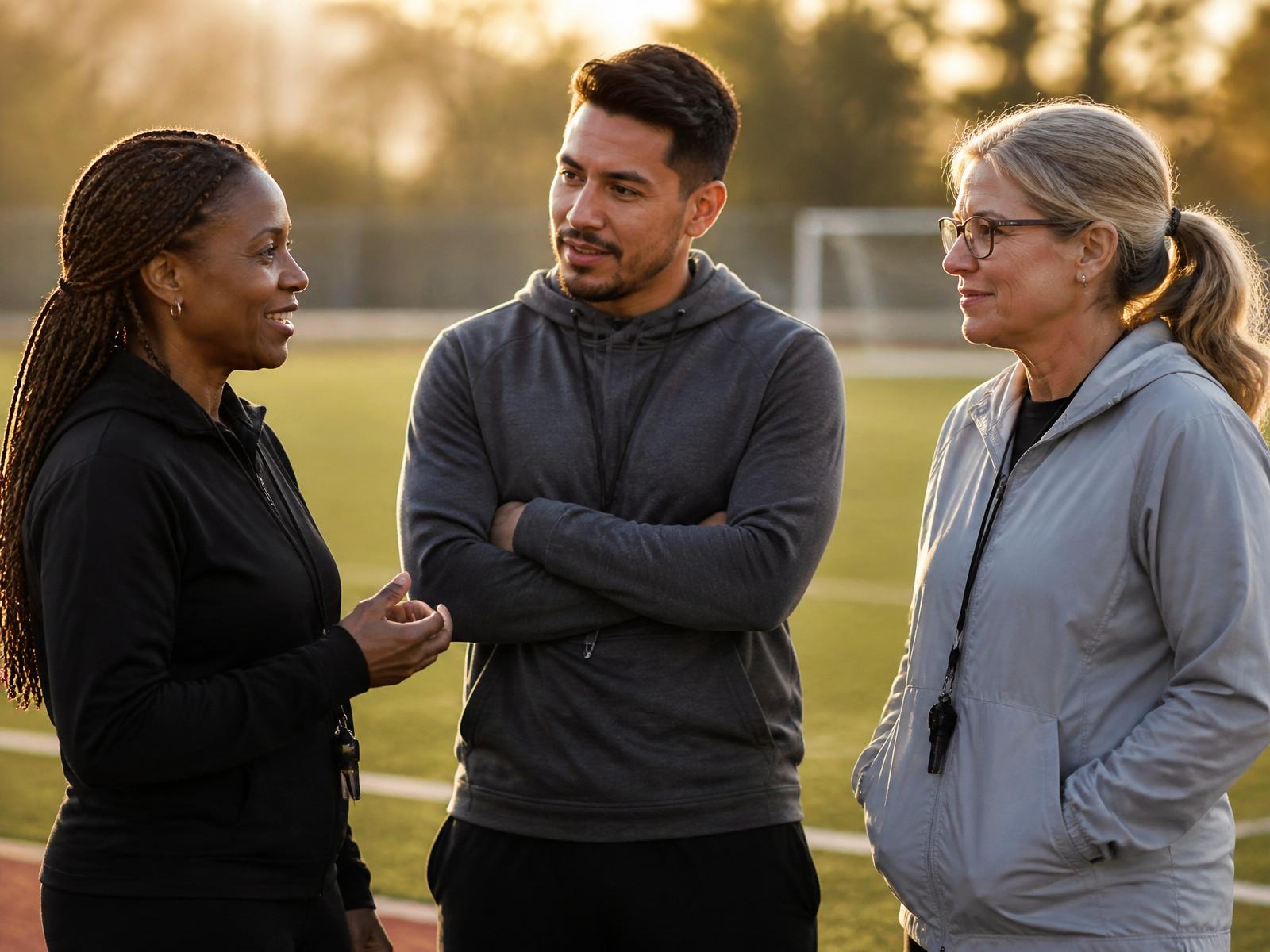 Three youth sports coaches in conversation on an outdoor field at golden hour