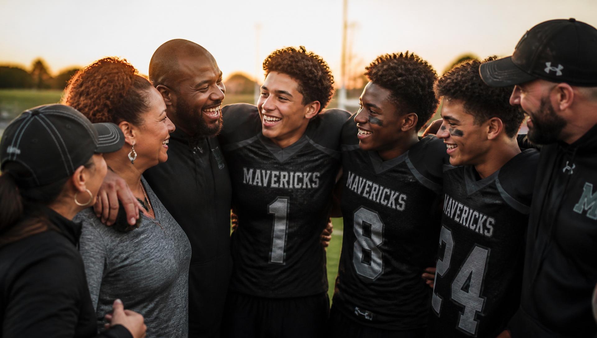 Parents, athletes and coaches laughing together after a game