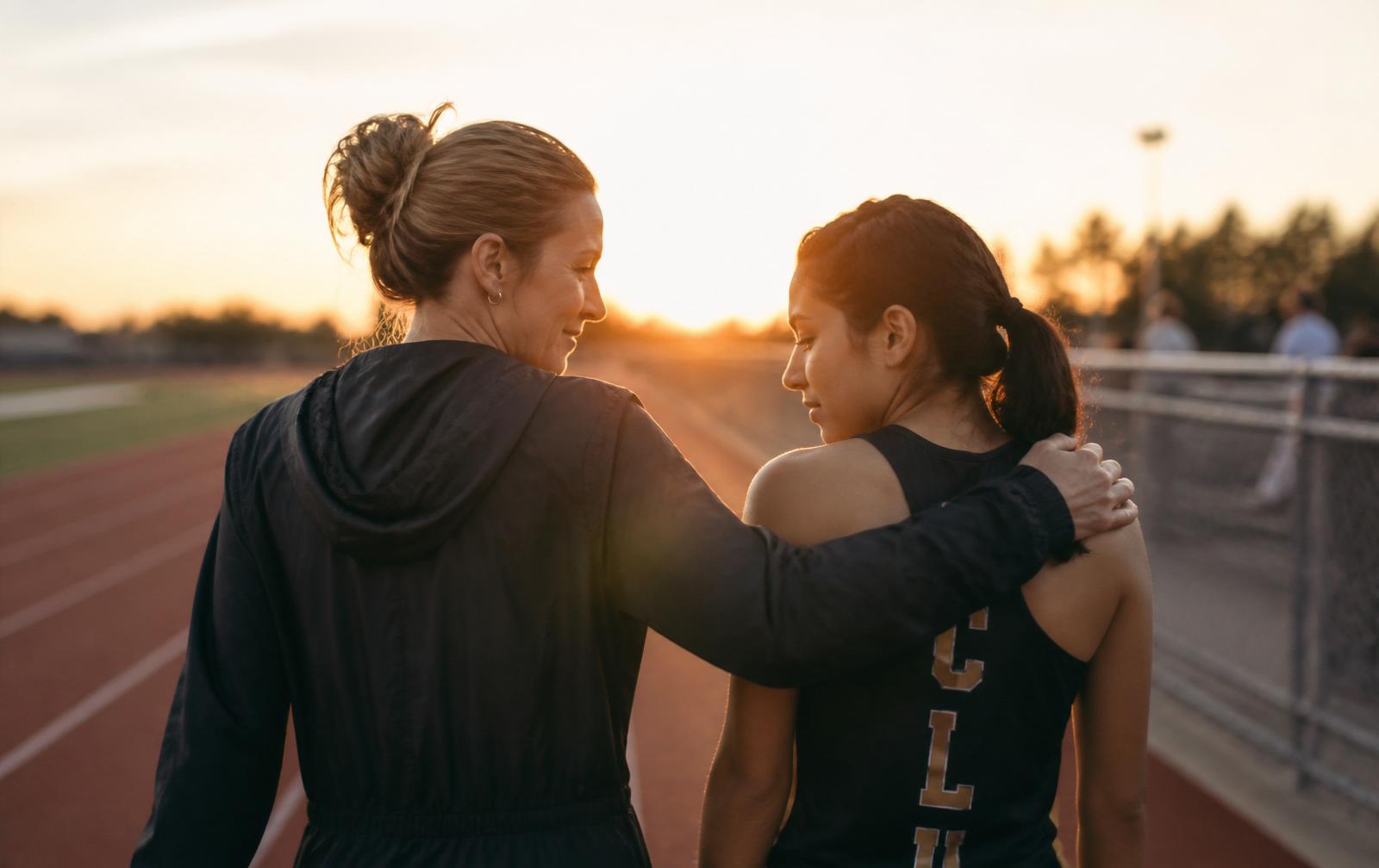 A coach walking off the field with a senior athlete at sunset