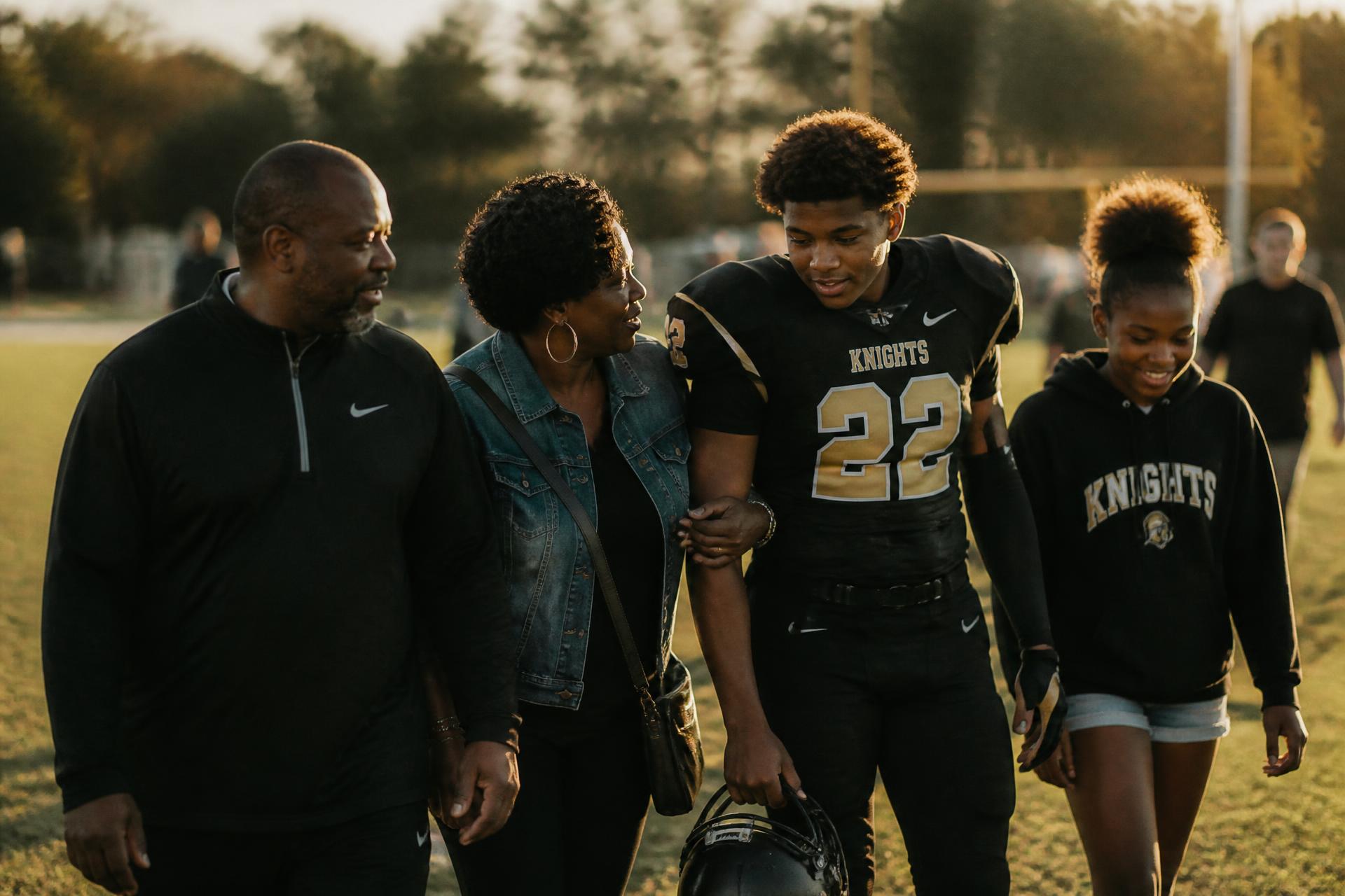 A Black family — father, mother, high school son in football gear, and younger daughter — walking together after a game at golden hour