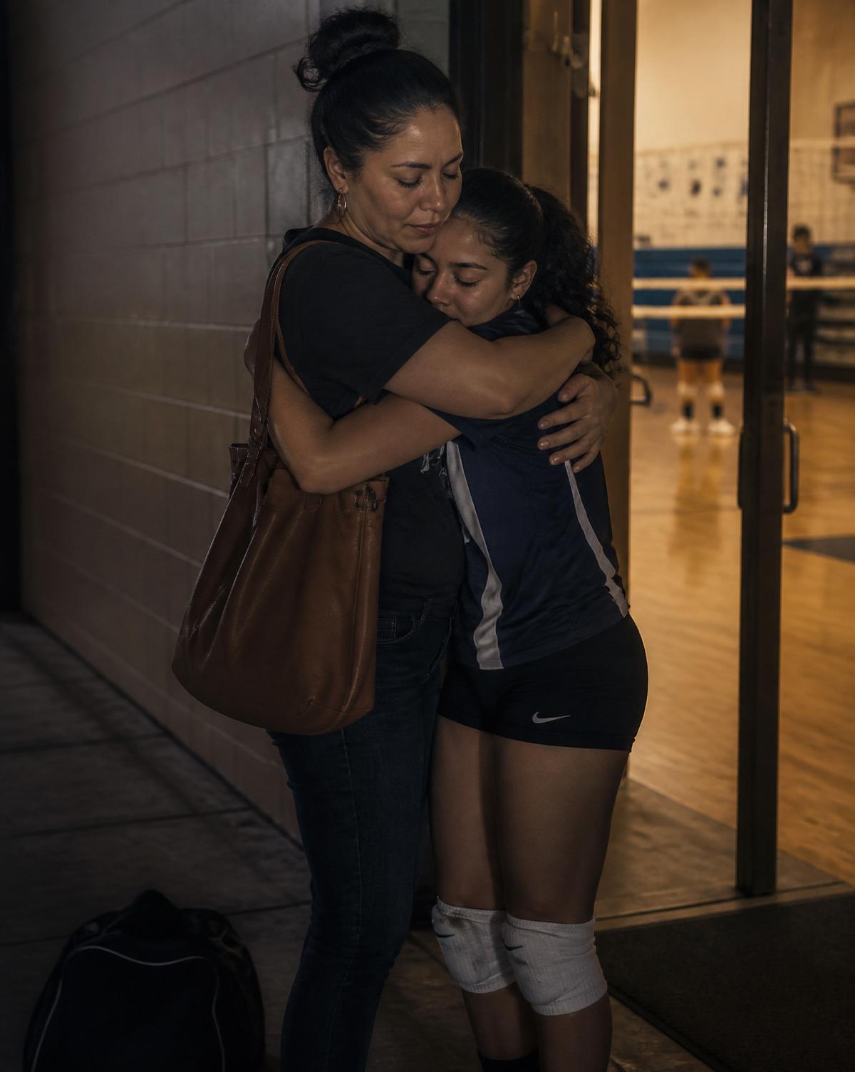 A Latina mother embracing her teenage daughter outside a volleyball gym after a match