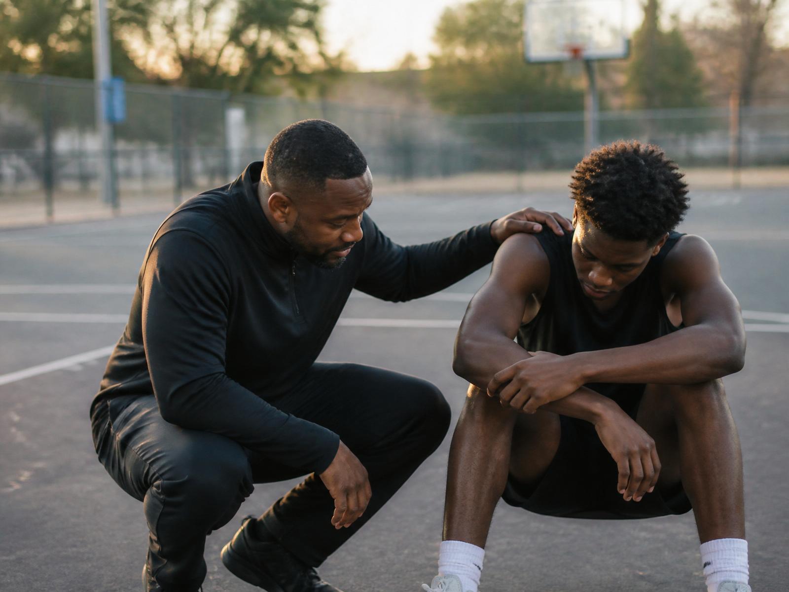 A youth basketball coach kneeling beside a teenage athlete in quiet conversation on an empty outdoor court after practice