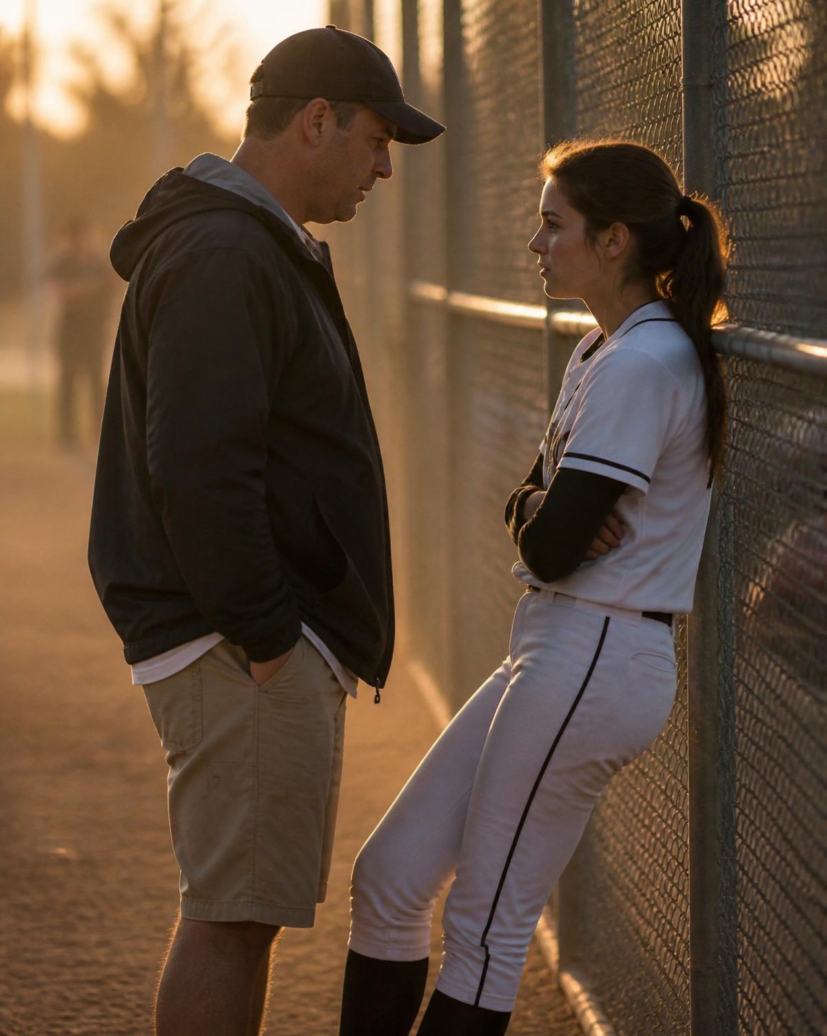 A father and his teenage daughter in a softball uniform talking quietly outside a softball complex at golden hour