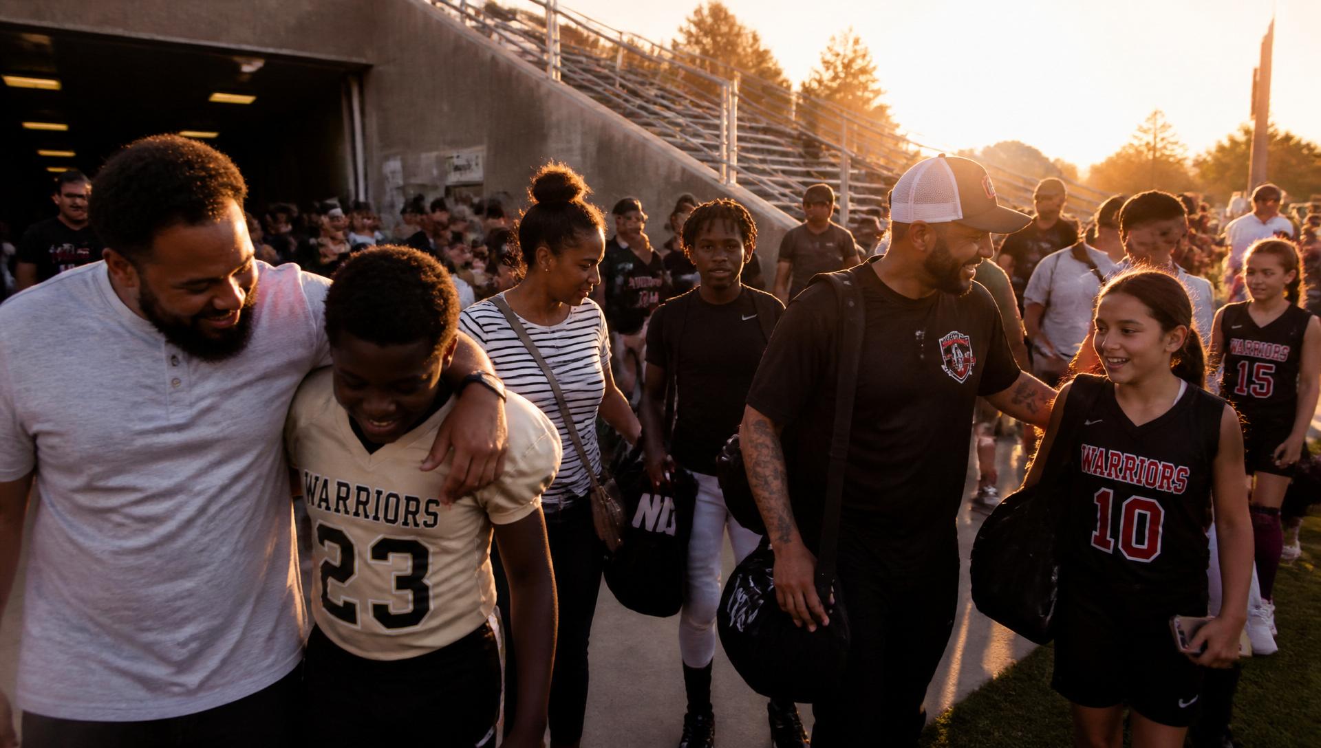 Families, coaches, and athletes walking together at golden hour