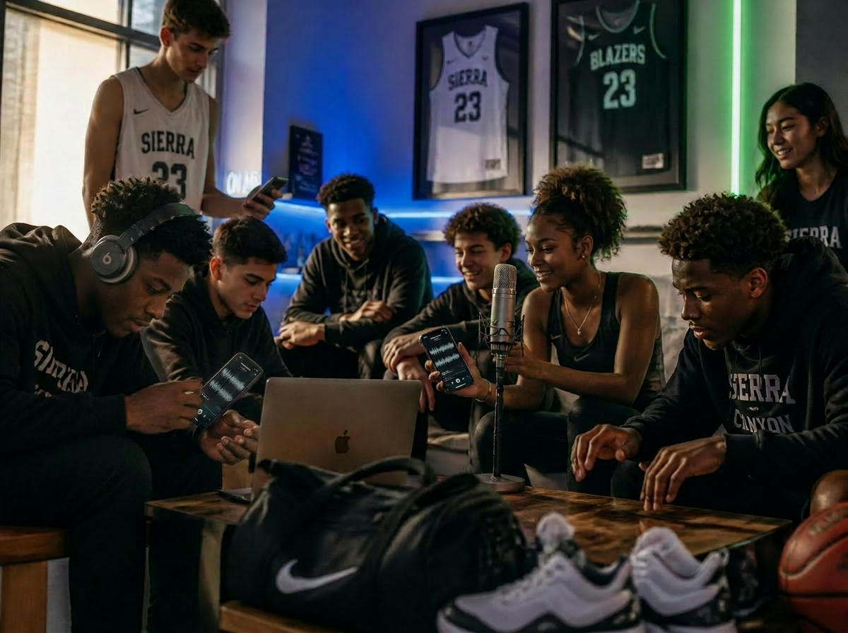 Diverse group of high school athletes collaborating in a locker room lounge with headphones, laptop, notebook and microphone