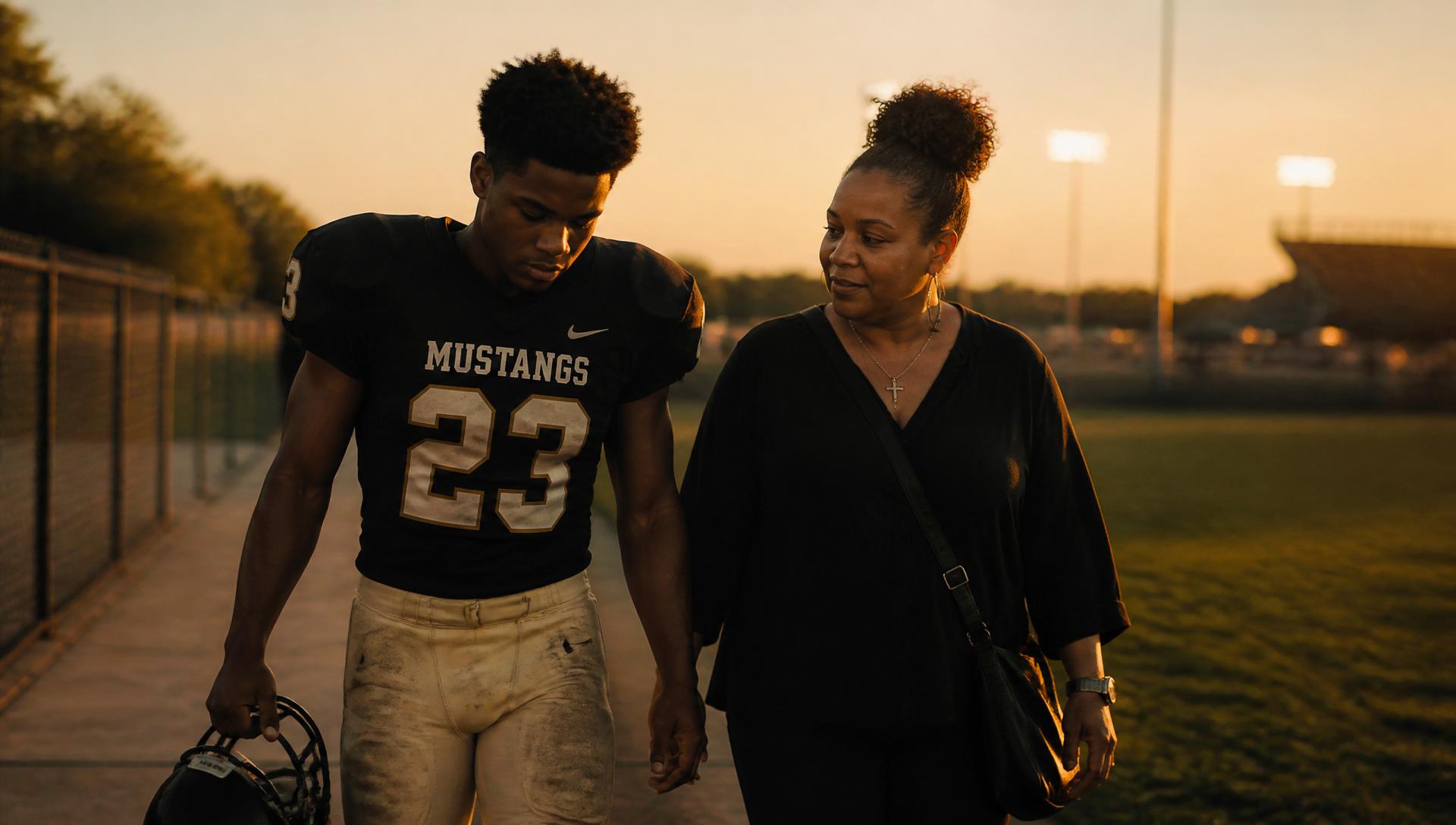 A high school athlete walking beside a parent at golden-hour sunset, helmet in hand, scoreboard blurred in background — the relationship is the focus