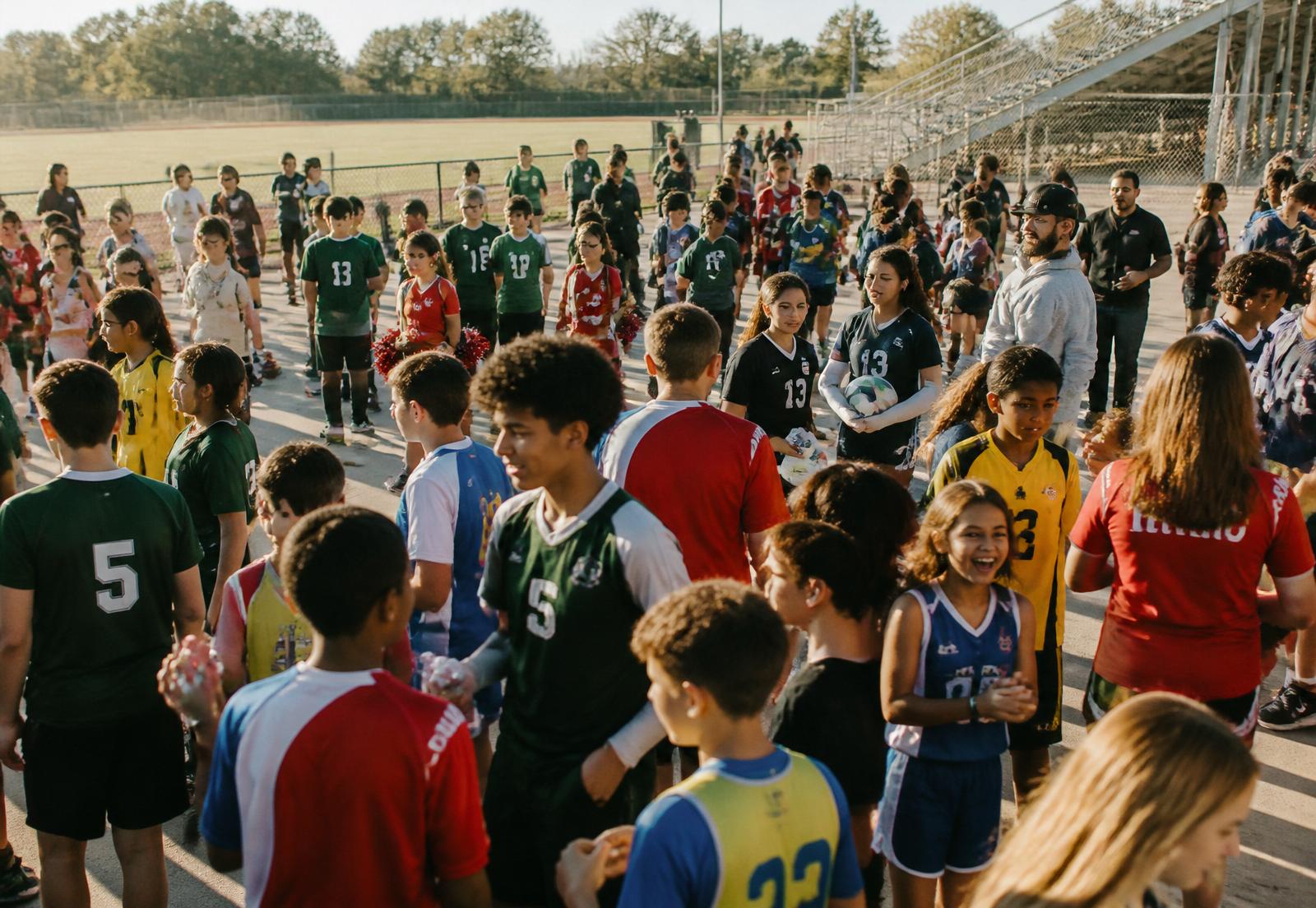 Diverse youth athletes, coaches and parents gathered at a community sports complex
