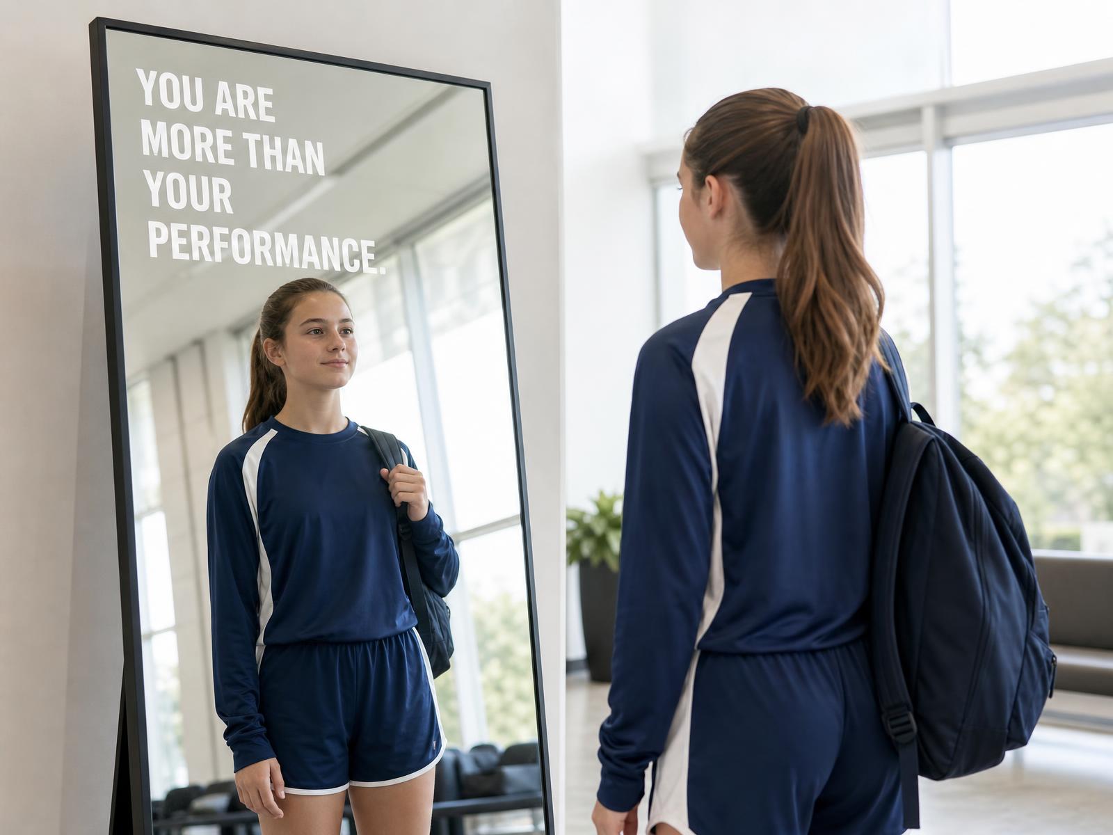 A girl athlete pausing in front of a Reflection Mirror reading You are more than your performance in a bright gym lobby
