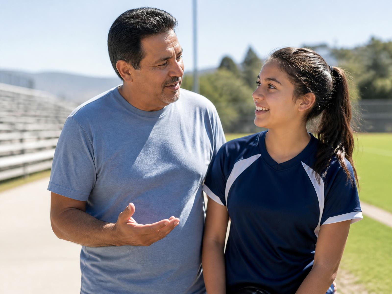 A father talking naturally with his teenage daughter in a soccer uniform beside a field