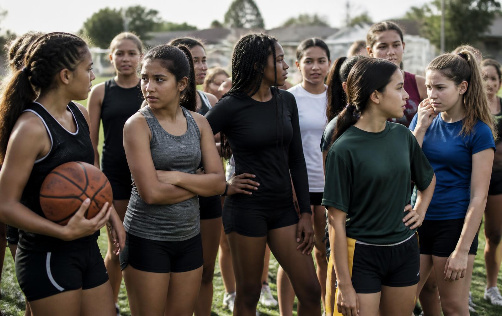 Middle and high school girls from basketball, volleyball, track, soccer and flag football standing together outdoors before a Me 1st Then Sports™ experience