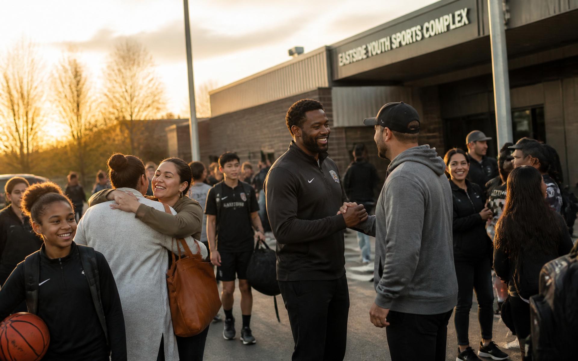 A mother hugging her teenage daughter athlete after a game while other families walk out of the sports complex smiling at golden hour
