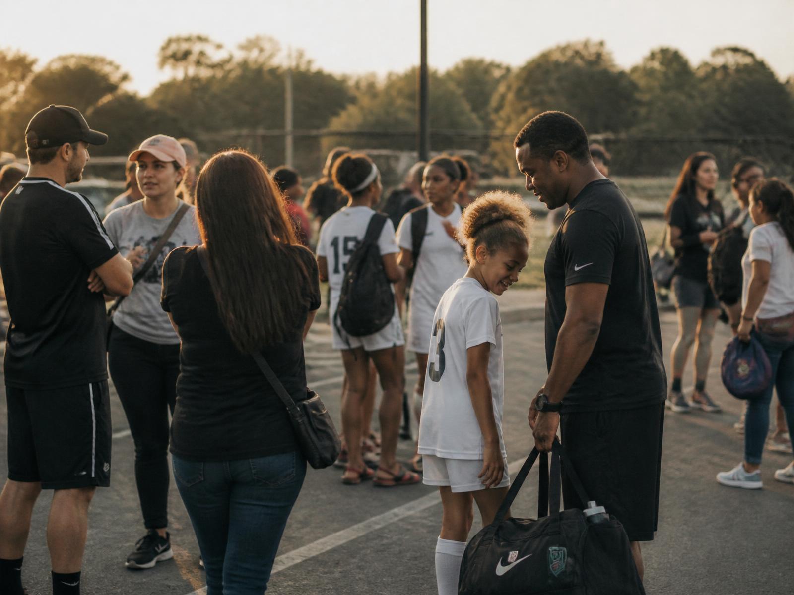 Families interacting naturally in a parking lot after a youth tournament at golden hour, a coach talking with parents