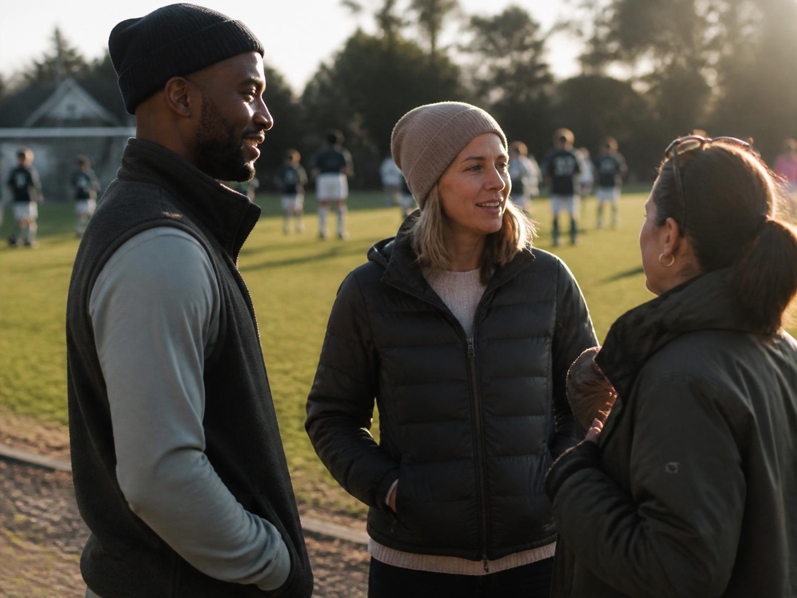 Two parents talking candidly with another parent on the sideline of a youth practice at golden hour