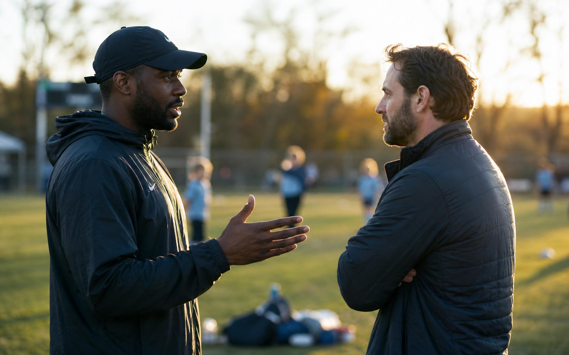Youth coach and parent in real conversation on the edge of a practice field