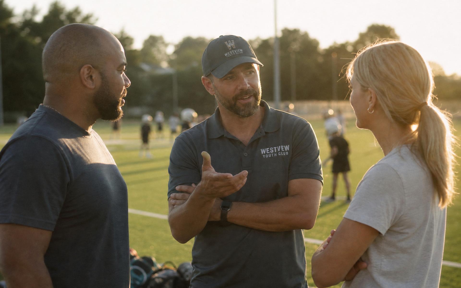 A youth club director talking with parents on the sideline while athletes practice