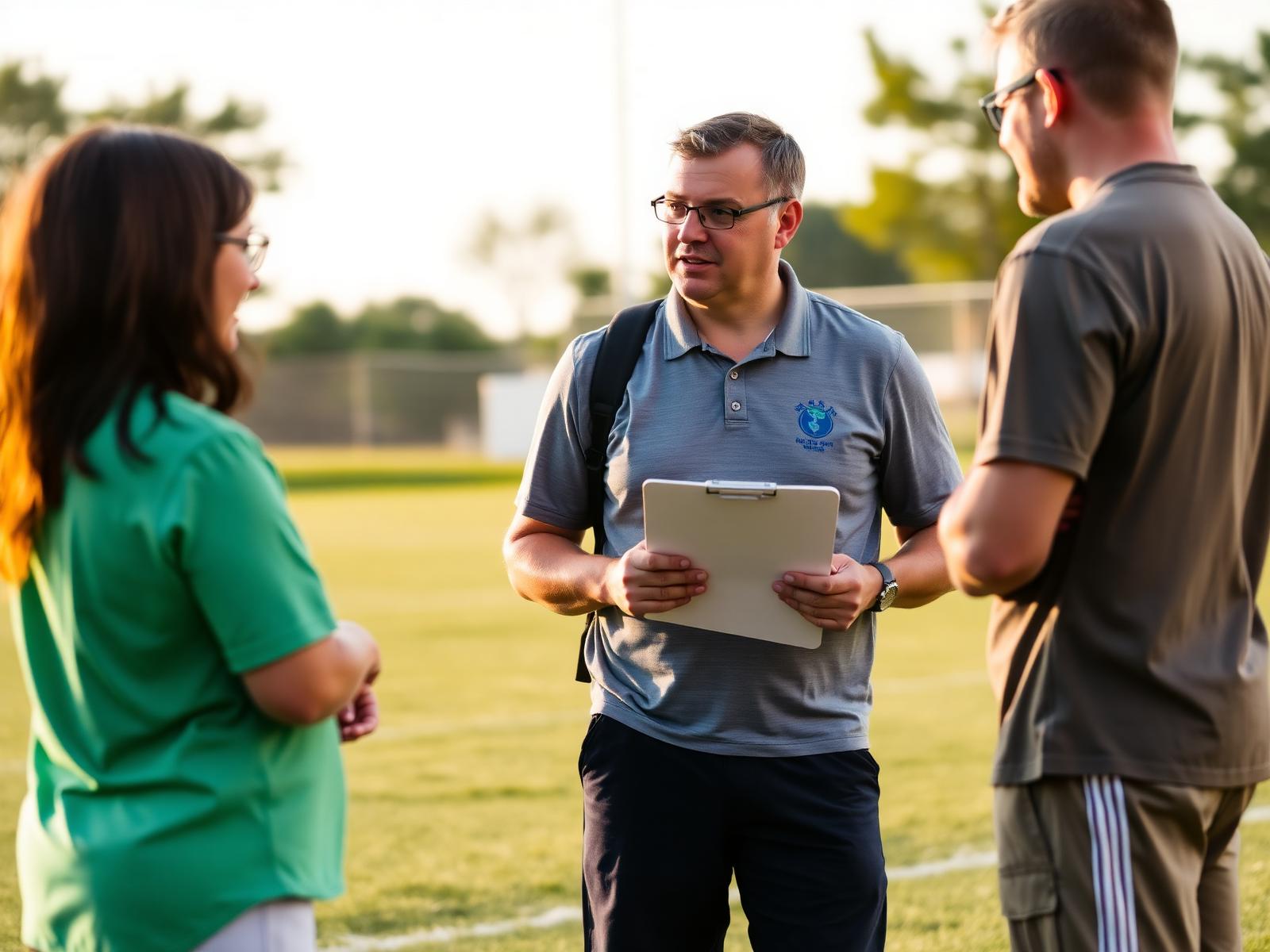 A youth club director in conversation with two parents on the field