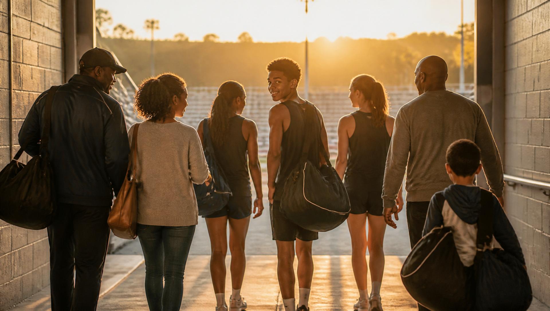 A diverse group — coach, parents, athletes and a younger sibling — walking out of the stadium together at golden hour.
