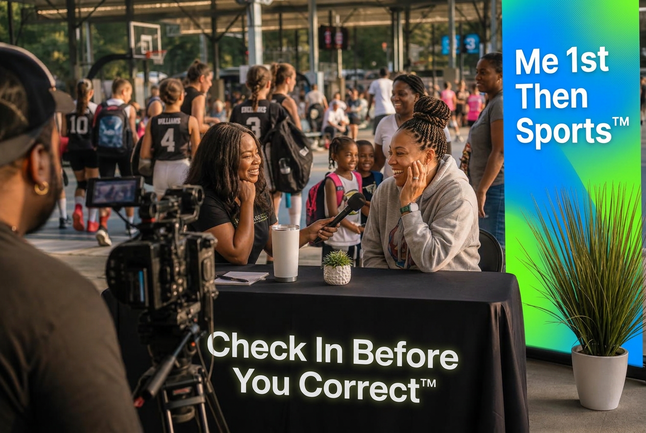 A CAREGD interviewer listens to a sports parent at a Check-In booth during a youth sports tournament